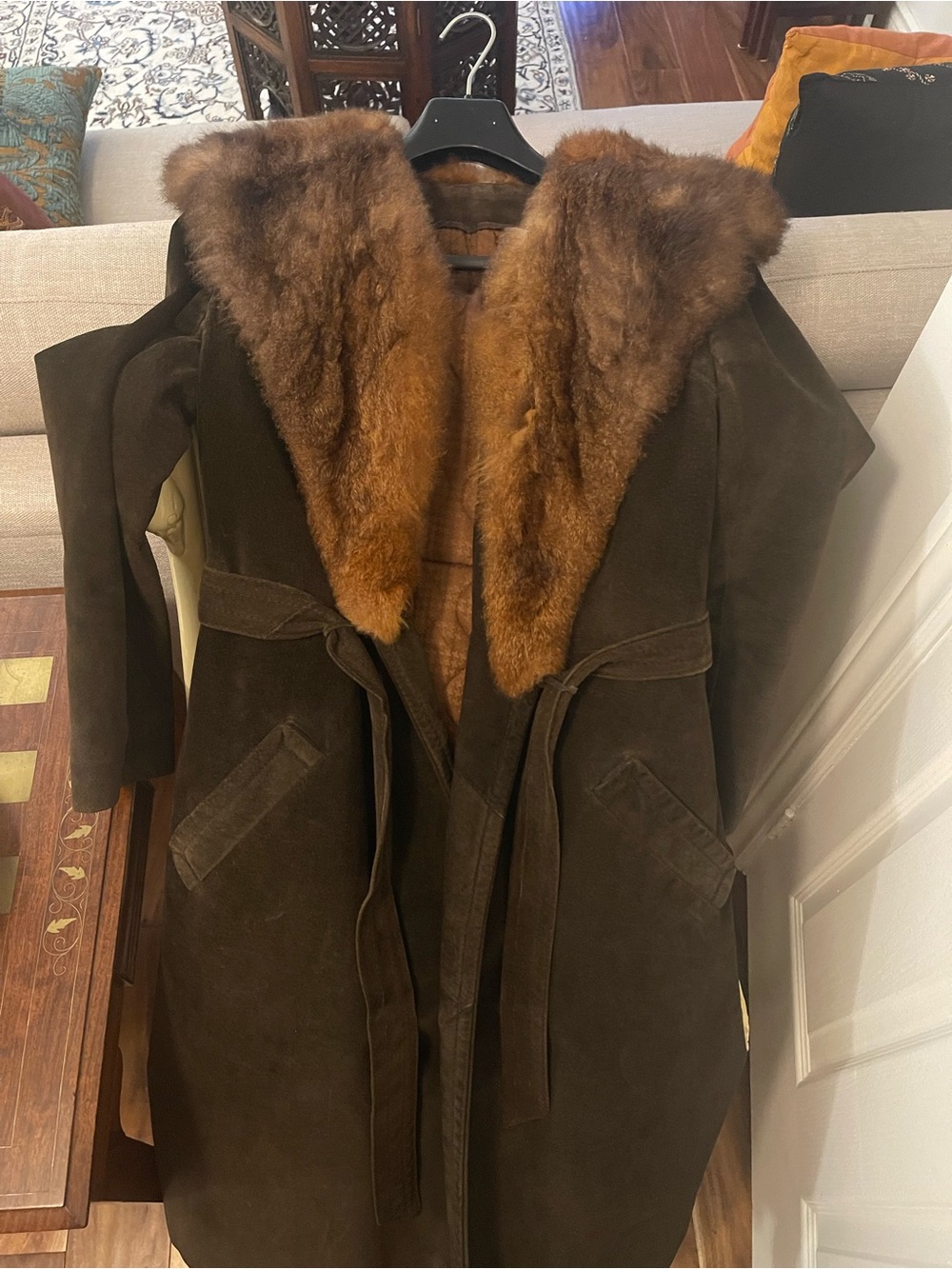 Women's Dark Brown Suede Coat with Fur Trim